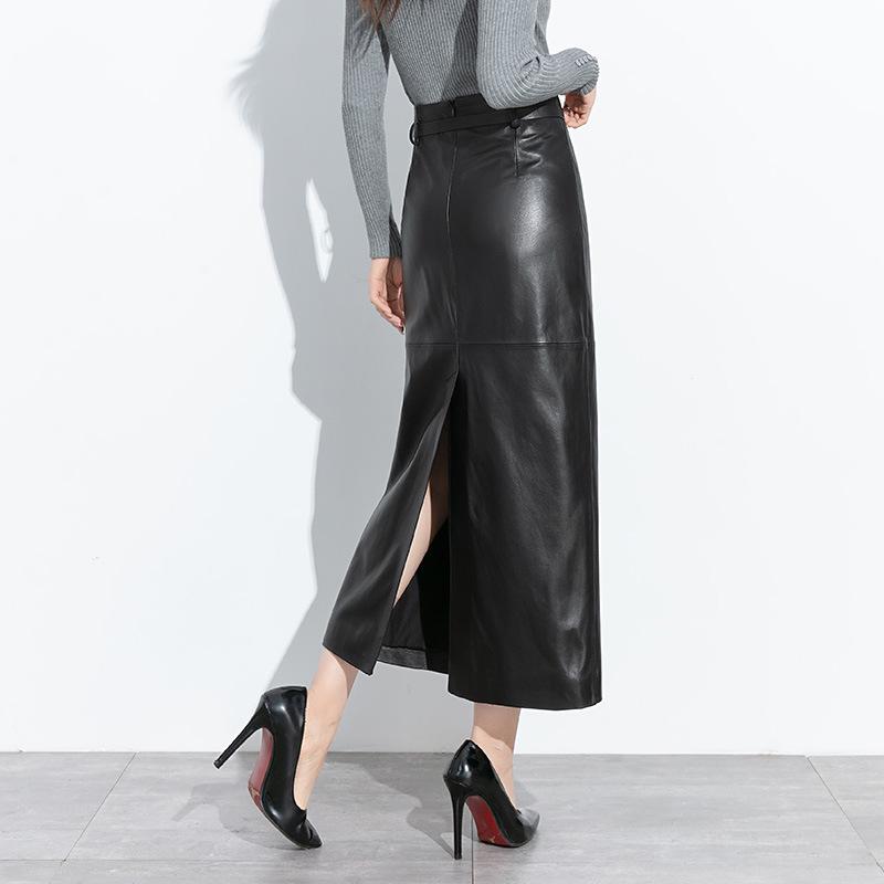 2025 Autumn/Winter Women's High-Waisted Lambskin Leather Midi Skirt - Elegant and Versatile Design