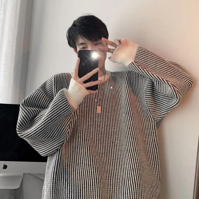 High Street Fashion Stripe Sweater Men Chic Soft and Sticky Autumn Winter Laziness Loose Knitted Casual All-match Pullovers