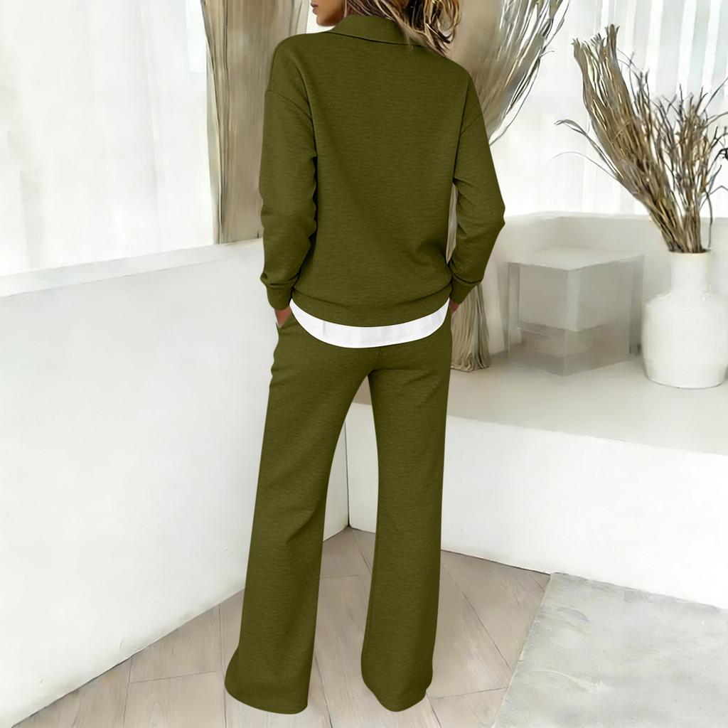 Zweiteiler für Damen - einfarbig - Baumwolle und Leinen - Langarm - V-Ausschnitt - Oberteil - Gerade geschnittene - Lässige - Hose - Set