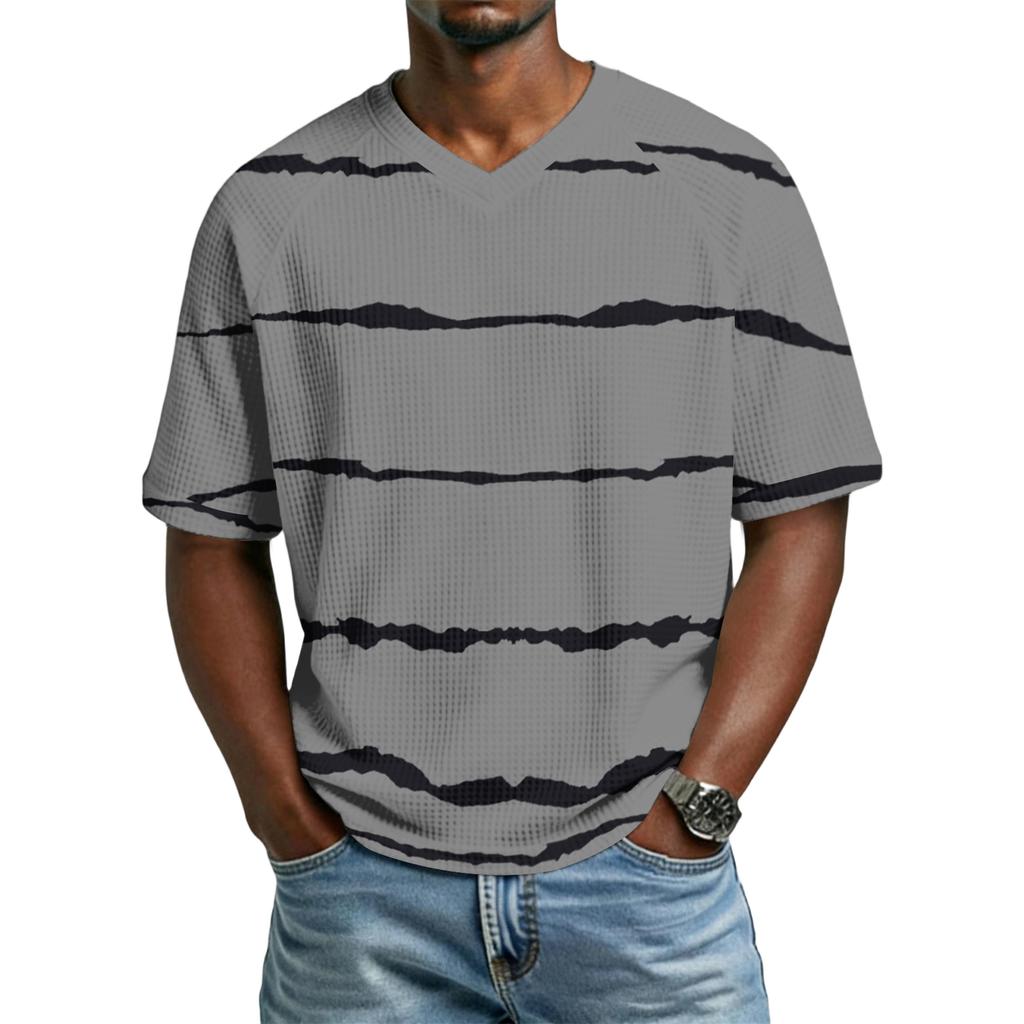 Men's Casual Stylish Striped Texture Printed Short-sleeved Shirt Men's Breathable V-neck Short-sleeved Top