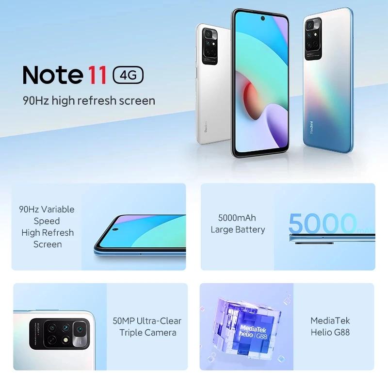 Global ROM Xiaomi Redmi Note 11 5G 5000mAh 18W Charge 50MP Triple Camera 6.5'' 90Hz Display MTK HelioG88 Octa Core 5G Smartphone