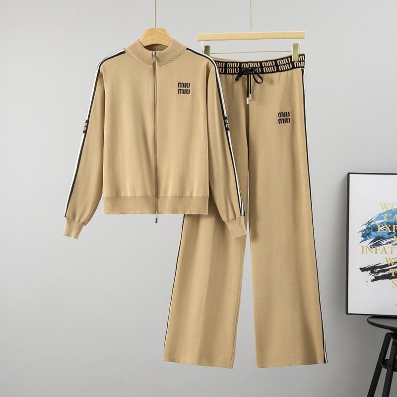 Women's Trendy Knit Set: Embroidered Zip Cardigan & Wide-Leg Pants for Autumn/Winter