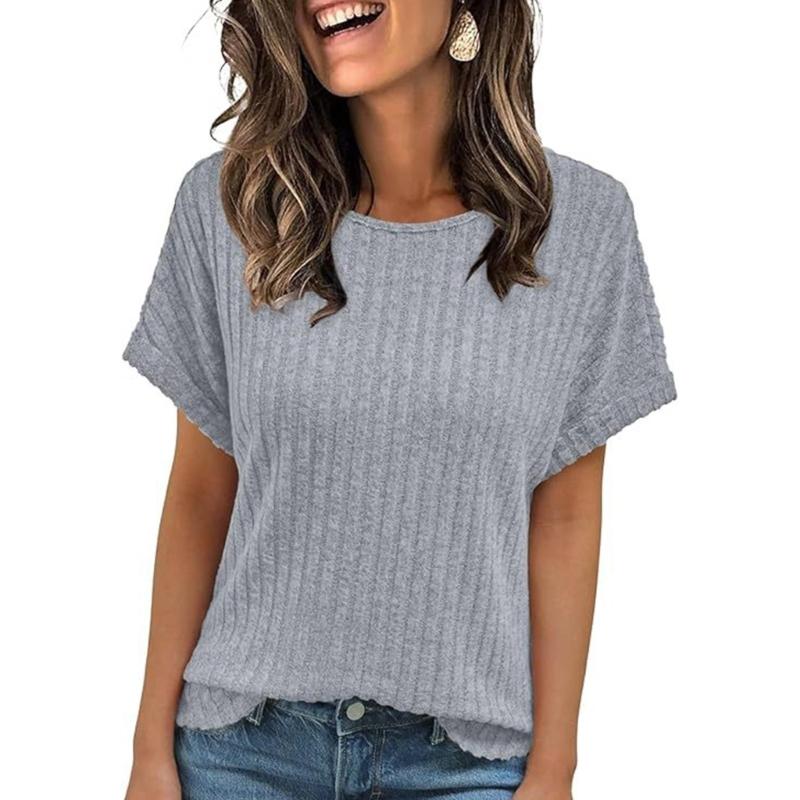 Women's 2025 Short Sleeve Crew Neck T Shirt Casual Loose Ribbed Knit Pullover Sweater Tops Summer Spring Outfits Gifts