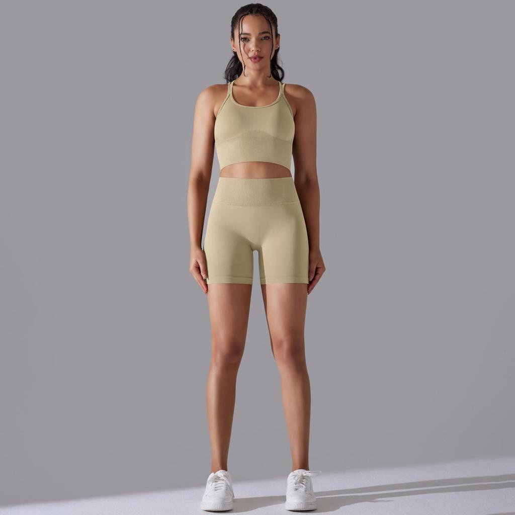 Seamless Knitted Solid Color Back High Elasticity Sports Tight Yoga Suit Set Running Fitness Two Piece Set