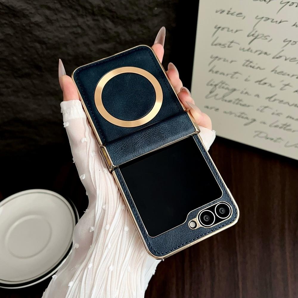 Busienss Vergoldetes Leder Magsafe Hülle für Samsung Galaxy Z Flip 7 6 5 4 3 Flip7 Flip6 Kabelloses Laden Scharnierschutzhülle