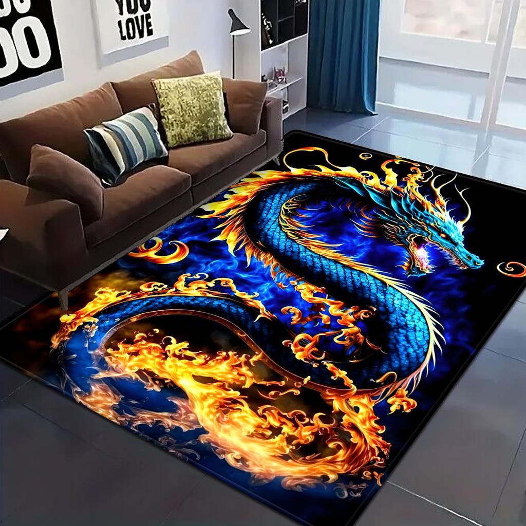 Lebendiger Flammen-Drachen-Teppich – Feuriges Blau-Orange Drachen-Design, Weiches, Lichtechtes Polyester für Schlafzimmer oder Wohnzimmer