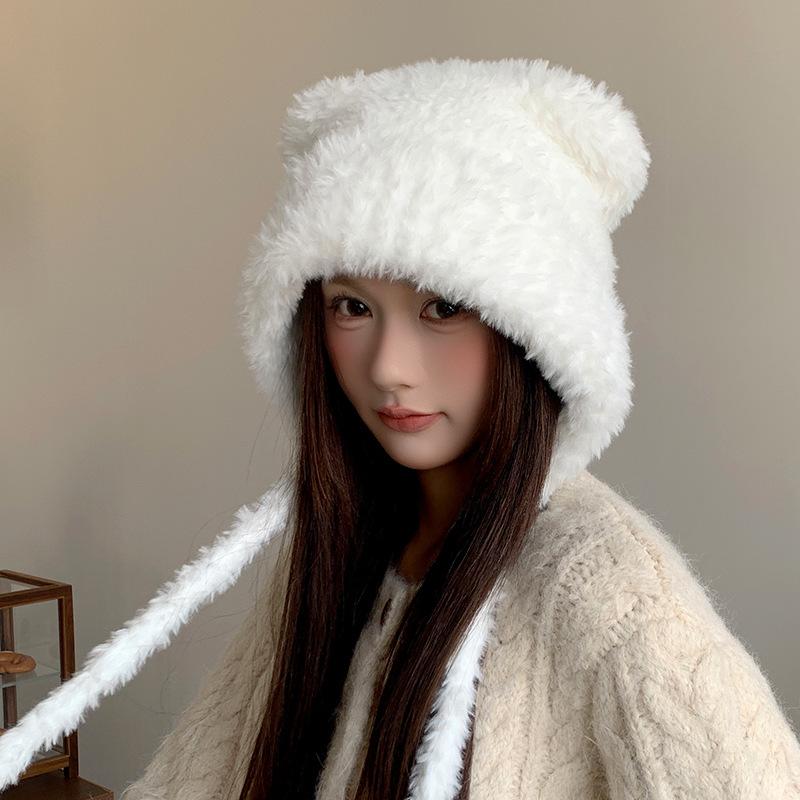 Korean Style Plus Velvet Cute Lanyard Plush Pullover Hat for Women Winter Large Head Circumference Knitted Hat Warm Ear Protection Woolen Hat