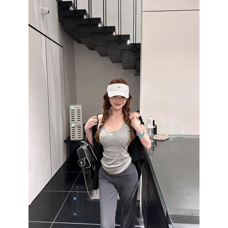 

Kumikumi Sports Style Suit Black Cardigan Outwear Women s Inner Vest Autumn Slimming Bootcut Trousers Three-Piece Set Flower gray sling S