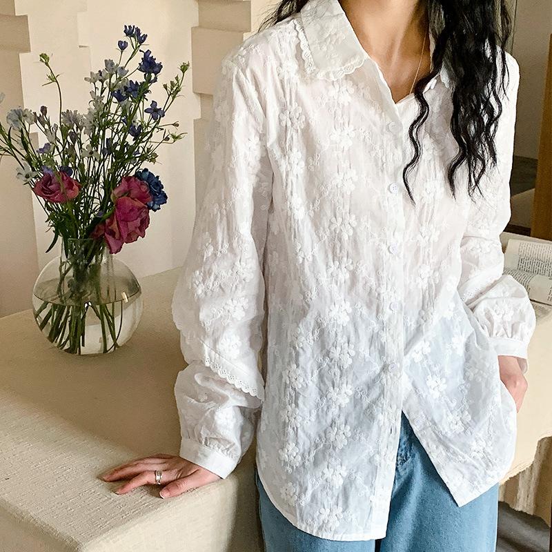 Lace Lace Lapel White Shirt Women's Embroidery Sweet Temperament Lady New Base Shirt