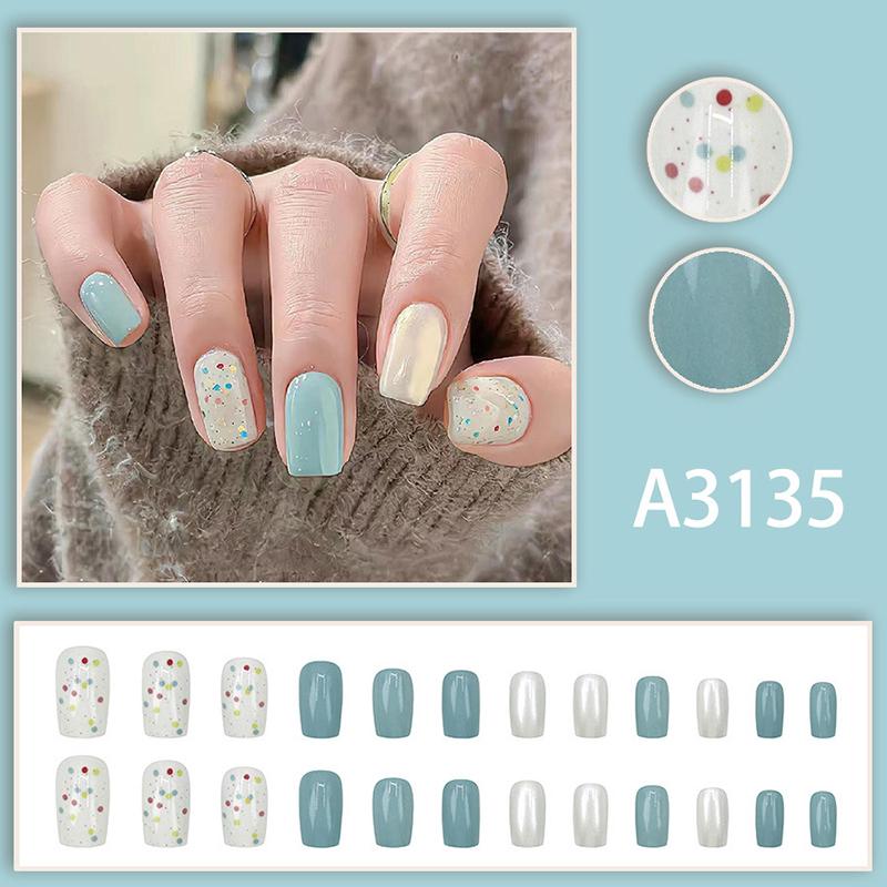 24 buc Unghii False Pătrate Scurte Colorate Albastru Dopamină cu Buline W Adeziv Gel Detașabile Acoperire Completă Artificiale Press On