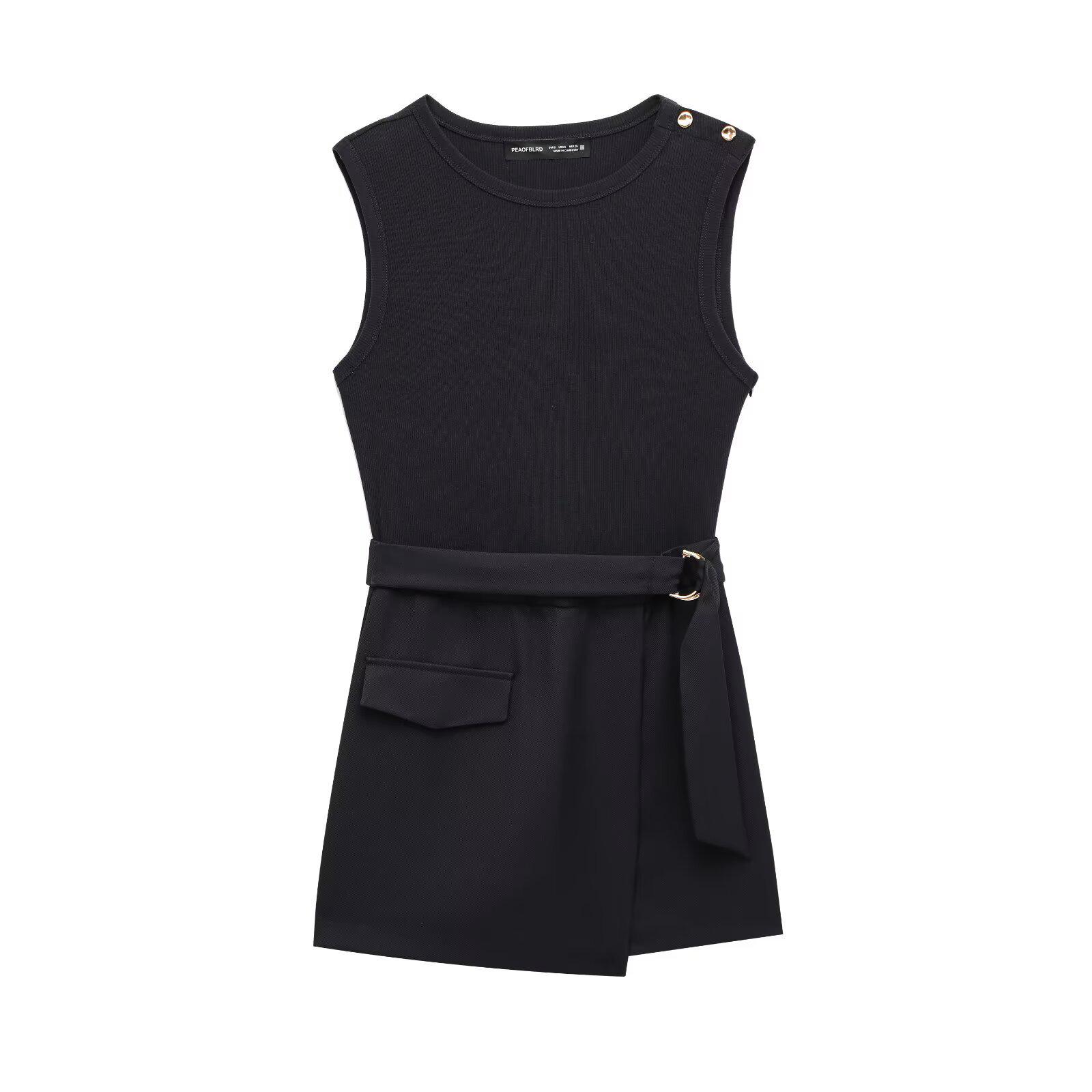 

2025 Spring Women s Sleeveless Belted Patchwork Jumpsuit XS