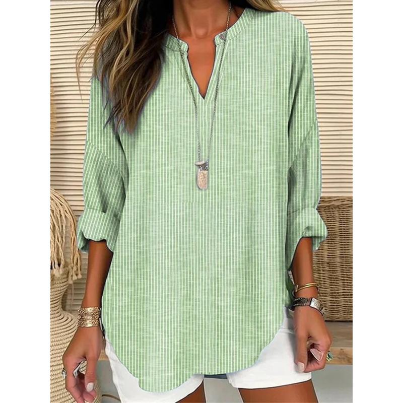 Women's Henley V Neck Long Sleeve Loose Solid Linen Blend Tunic Top Plus Size Casual Blouse