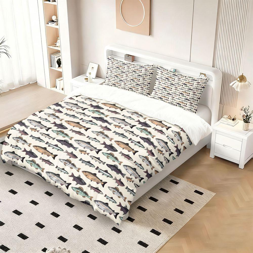 Vintage Fish Print Duvet Cover Set(1 Duvet Cover & 1/2 Pillowcase) Soft Bedding Set For Bedroom Fishing Theme Decor