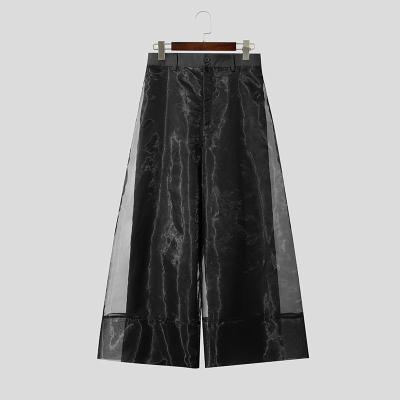 INCERUN Mens Sheer Patchwork Trousers See Through Mesh Organza Loose Party Clubwear Wide Leg Pants