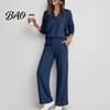 Women Gym Clothing Sweatshirt Pants 2-Piece Set, V-Neck Long Sleeve Top & Wide Lounge Sets Leg Trousers with Elastic Waist, Solid Color Matching