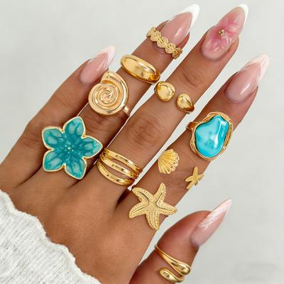 10Pcs/Set Boho Fashion Luxury Imitation Pearl Open Ring Sets for Women Elegant Starfish Flower Ring Party Jewelry Accessories
