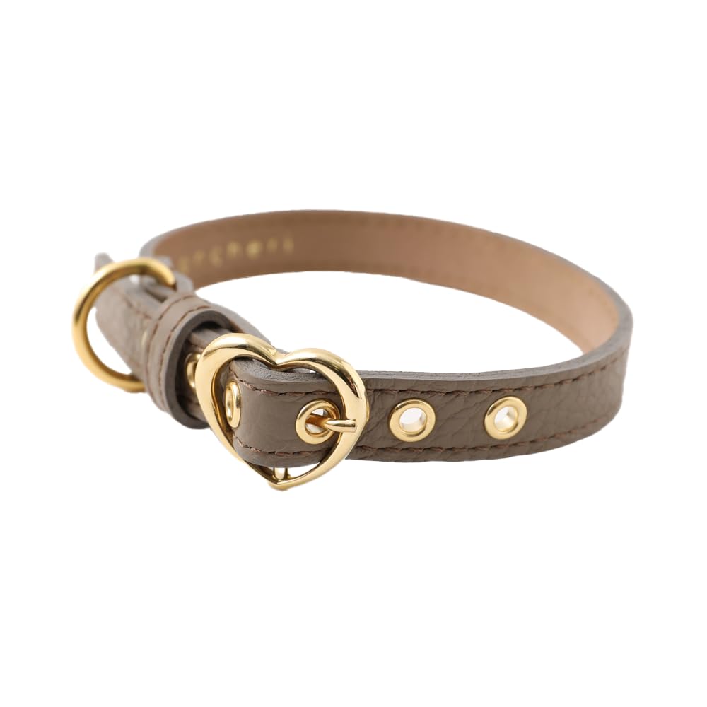 Kožený obojek pro malé psy s přezkou ve tvaru srdce z pravé hovězí kůže, nastavitelný, ideální na procházky a výlety monchéri [Zmenšený obojek] (S/Mocha)