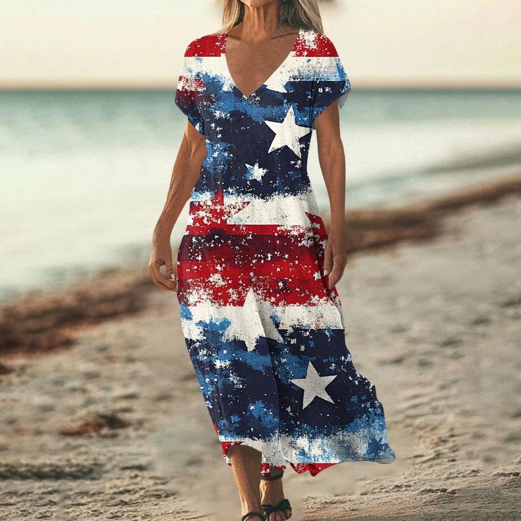 Sommerkleid Damen Lang Strandkleid Elegantes Kleid V-Ausschnitt Kurzarm Sommerkleid Leicht Luftig