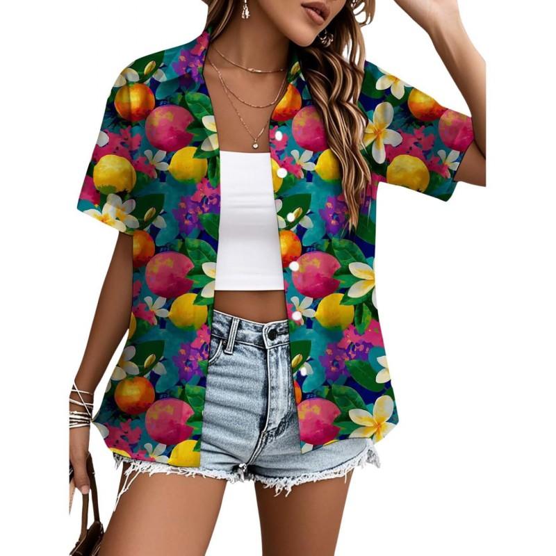 Womens Loose Fit Short Sleeve Printed Shirt Casual Vacation Style Collared Open Front Top