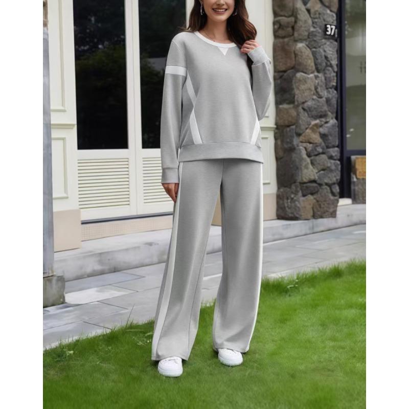 YYFS Women's Fashion Casual Spring Autumn Colour Block Print Long Sleeve O-Neck Trousers Pants Suits