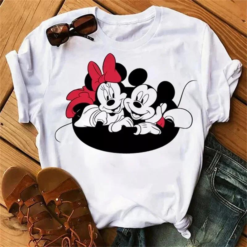 Fashion Cute Disney Mickey Minnie Cartoon Graphic Printed Women T-Shirt Casual O-Neck Short Sleeves Streetwear Female Tops Tees