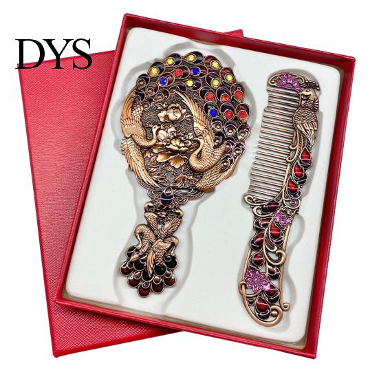 Vintage Peacock Hair Comb Mirror Set, Embossed & Handheld Rhinestone Makeup Mirror, Hand with for Women Retro Carved