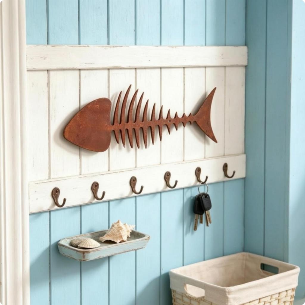 Eisen Fischgräten Wandbehang Küstenfisch Skelett Dekor Verwittert für Wohnzimmer, Eingangsbereich,