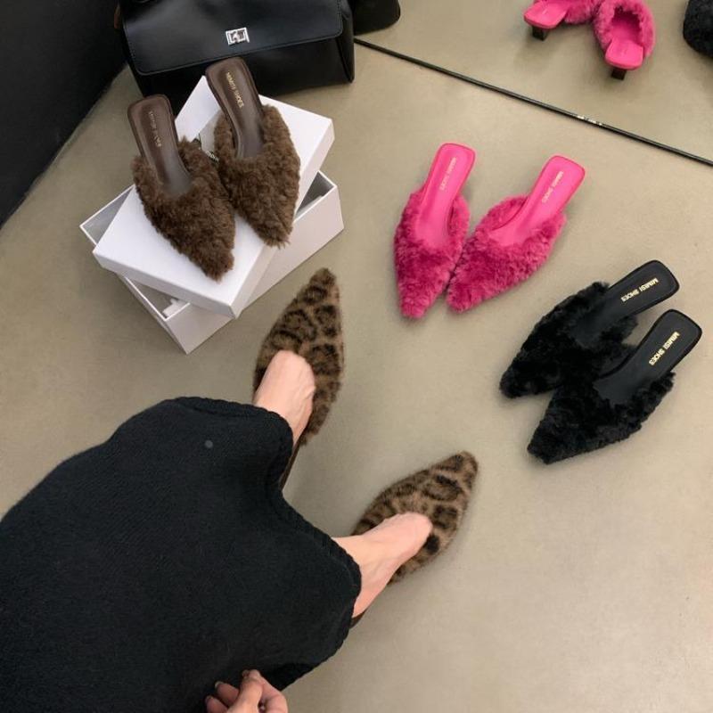 Fashion New Slippers Casual Shoes Woman Pink Slides Shallow Butterfly-Knot Med Cover Toe Fur Flip Flops Pantofle Luxury Plush Pumps