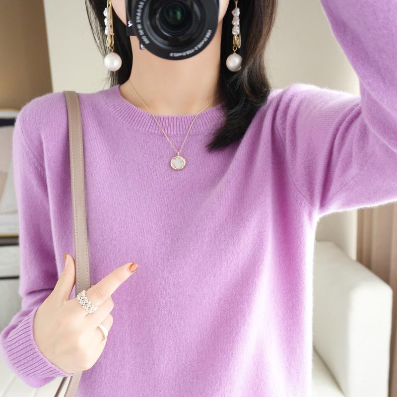 Dámský podzimní pletený svetr - Kulatý výstřih, Dlouhý rukáv, Jednobarevný, Všestranný volný střih