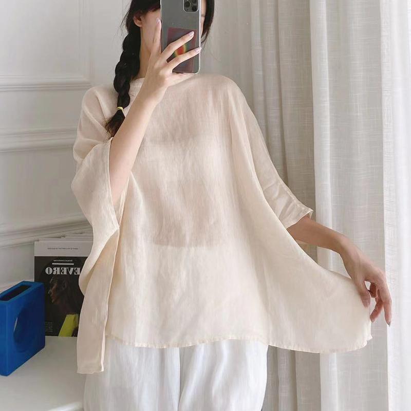 Johnature Summer Thin Sun Protection Shirts Vintage Simple All Match Solid Color Loose Women Blouses