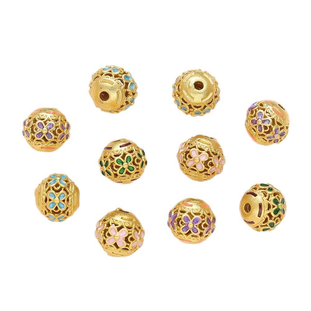 Copper Drop Oil Engraved Hollow Flower Round Bead Separated Bead Loose Bead DIY Bracelet Through Hole Jewelry Transfer Bead Jewelry Accessories