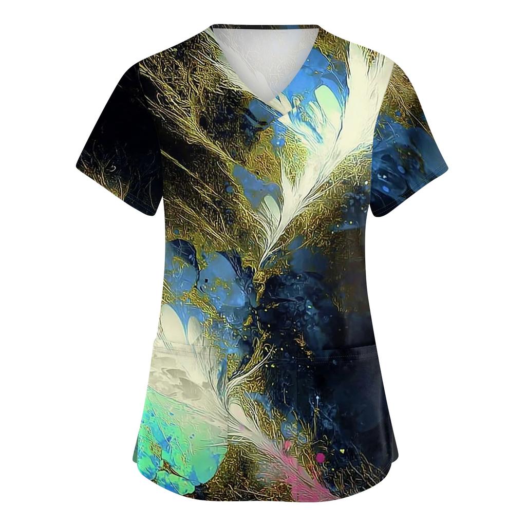 Women's Print V-Neck Short Sleeve Scrub Top with Double Pockets and Side Slits - Comfortable Caregiver Uniform for Daily Work