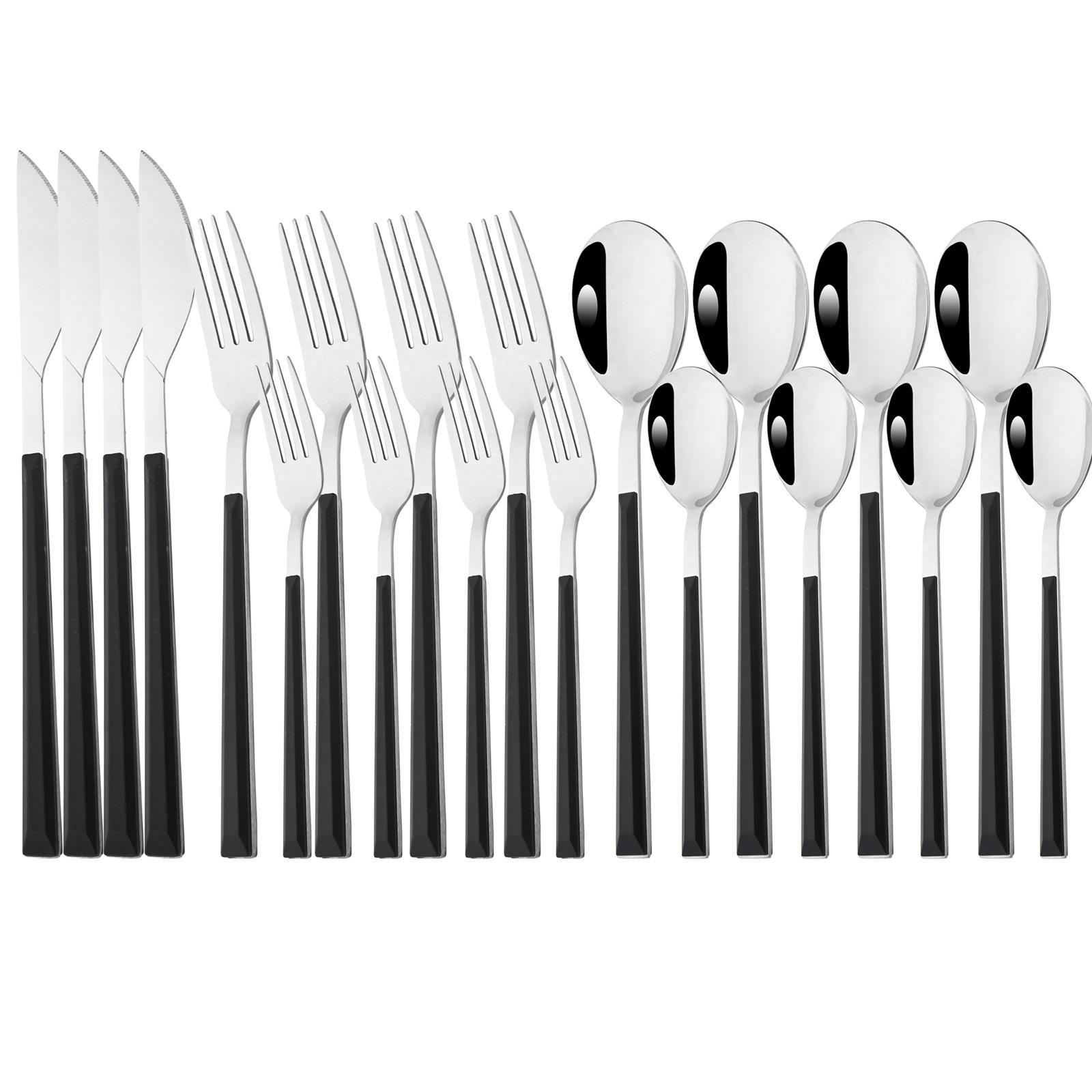 

20 шт. (4 комплекта) Серебряная посуда из нержавеющей стали, белая мраморная ручка, свадебные столовые приборы, столовое серебро для ежедневного использования, зеркало для домашнего ресторана, вечеринки чёрный/серебряный