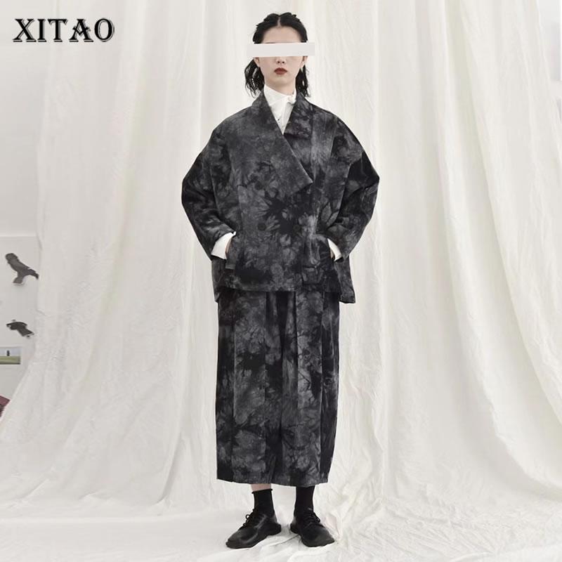 

XITAO Print Single Boardy Matching Sets 2021 Осень Новая Индивидуальная Мода Отложной Воротник Длинные Рукава Брюки Комплекты LDS0001 One Size серый
