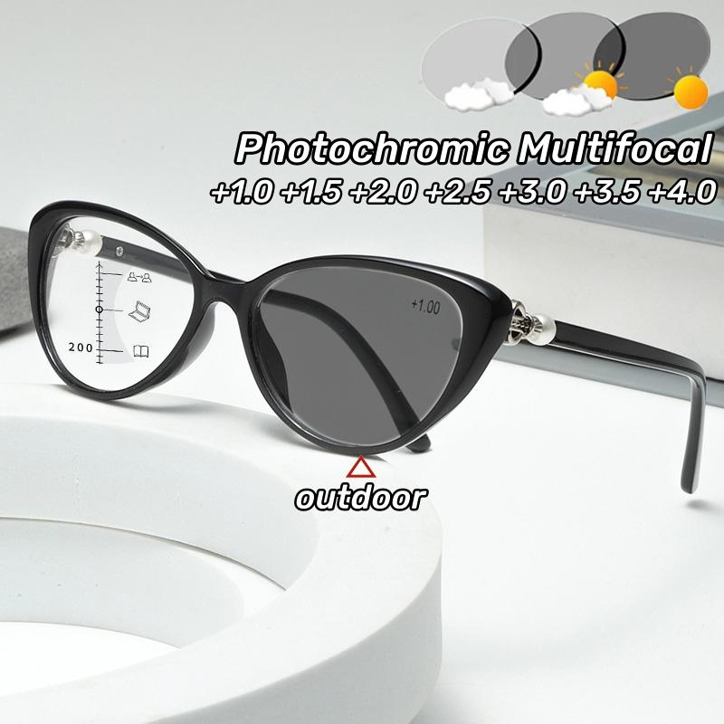 ladies Anti Blue Light Blocking Photochromic Presbyopic Eyewear Cat Eye Multifocal Reading Glasses Computer Hyperopia Eyeglasses