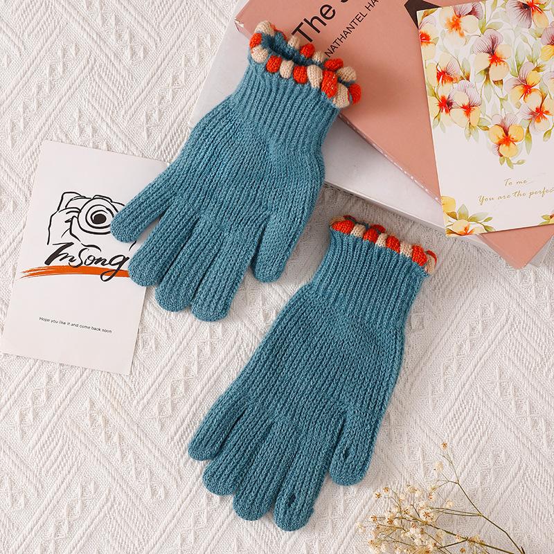 Small Jelly Bean Knitted Wool Gloves Female Winter Finger Cute Solid Color Warm and Cold Cycling Student