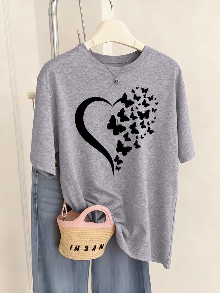 Butterfly Heart Printed T-Shirts Womens Casual Loose T Shirts O-Neck Soft Short Sleeve Tops Summer Comfortable Woman Clothes