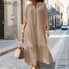 Women Casual Turn Down Collar Solid Color Long Sleeve Dress