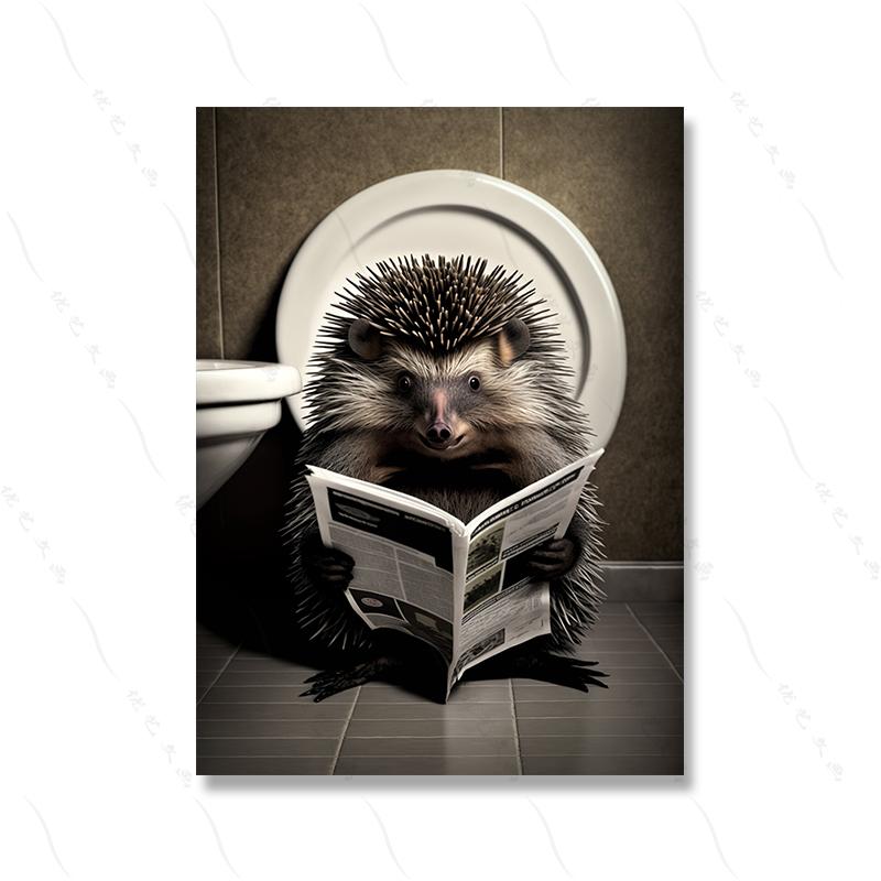 Cat Sitting On Toilet Reading Newspaper Funny Bathroom Wall Humor Poster Decor Animal Porcupine Canvas Painting Room Home Decor No Frame