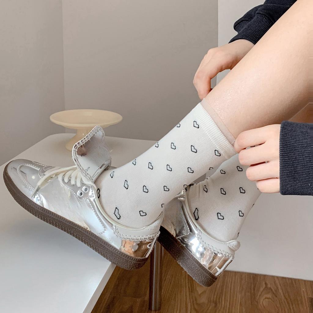 Women's Socks, Spring and Autumn Thin Cream-colored Cute Bow Polka Dot Heart-shaped Lace Mid-calf Socks
