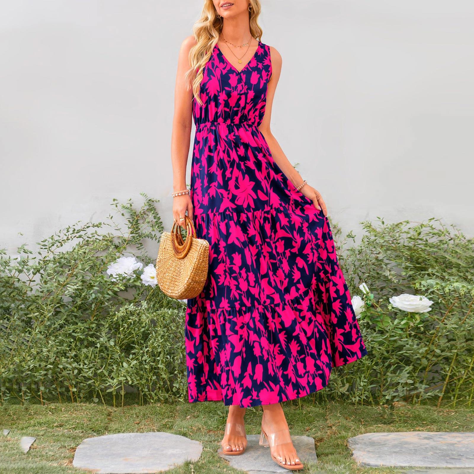 

Женские струящиеся платья Женские летние платья Повседневные длинные платья без рукавов Милые длинные платья с цветочным принтом L