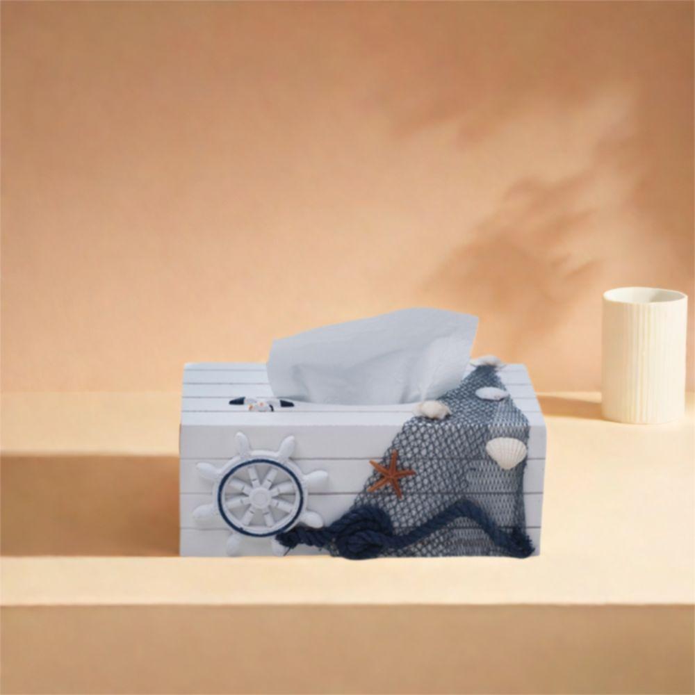 Desktop Decoration Mediterranean Style Tissue Storage Box Wooden Ocean Themed Paper Box Decorative Napkin Holder Home