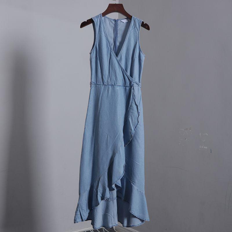 

Платье из тенселя светло-голубое с V-образным вырезом, без рукавов, с асимметричным подолом, приталенное, без рукавов, летнее, элегантное, средней длины, длинное Light blue (no zipper) Code 34 approx. S