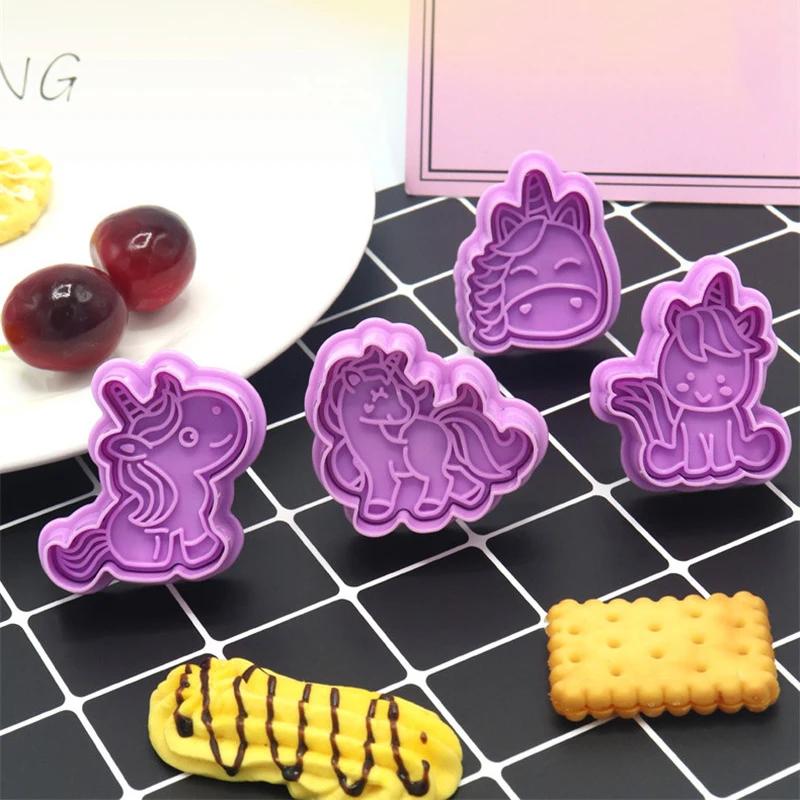 4 Pièces/ensemble Emporte-pièces Forme Licorne Plastique 3D Dessin Animé Pressable Moule à Biscuits Tampon à Biscuits Outil de Pâtisserie de Cuisine pour la Cuisson