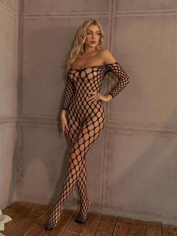 Fishnet Body Sexy Lingerie Bodysuit Rhinestone Off Shoulder Sexy Underwear Women Mesh Fish Net Slim Babydoll Catsuit Leotard Top