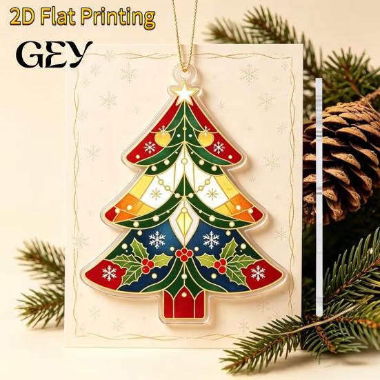 Holiday Hanging Pendant for Home 2D Flat Acrylic Christmas Tree Ornament, Vintage Stained Car Rear View Mirror Decoration Glass Style Pendant, Festive