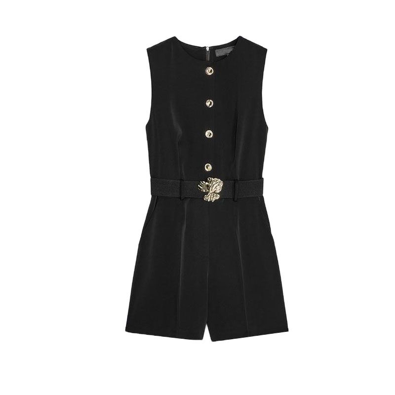 

Summer New Women clothes Single-Breasted Pocket Decoration Sleeveless round Neck With Belt Crepe Jumpsuit 3279782 Black L