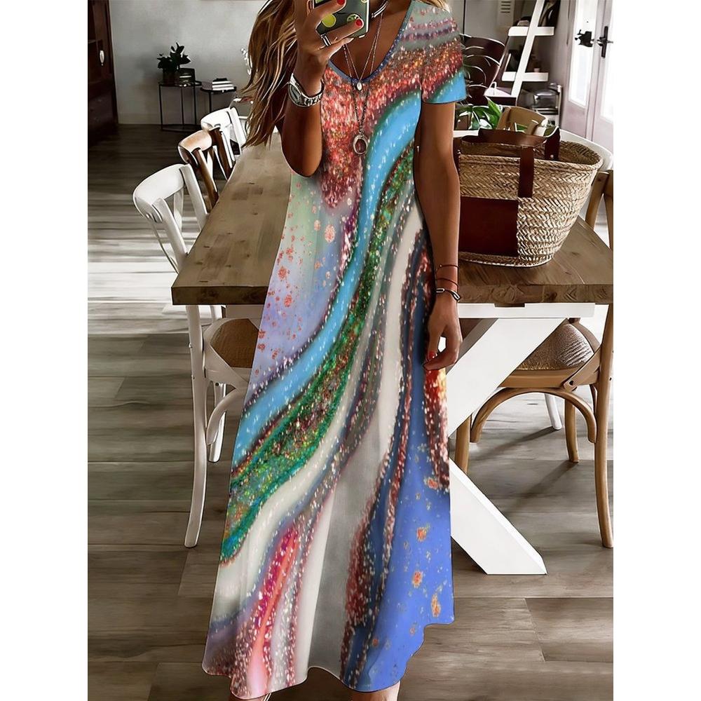 Casual Stylish Floral Print Round Neck Dress, Short Sleeve Pocket Dress, Suitable for Spring And Summer, Women'S Clothing