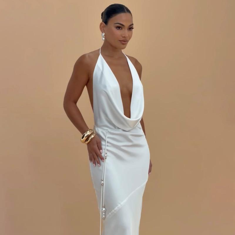 2026 Spring Halter Neck Open Back Strappy Dress - European & American Style, Slim & Flowy Design, Solid Color.