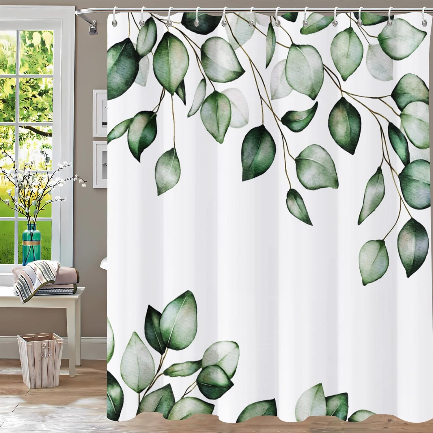 

Tropical Green Leaves Plant on White Background Odorless Shower Curtains for Bathroom Showers and Bathtubs Decor with Hooks 180x180cm-70x70in
